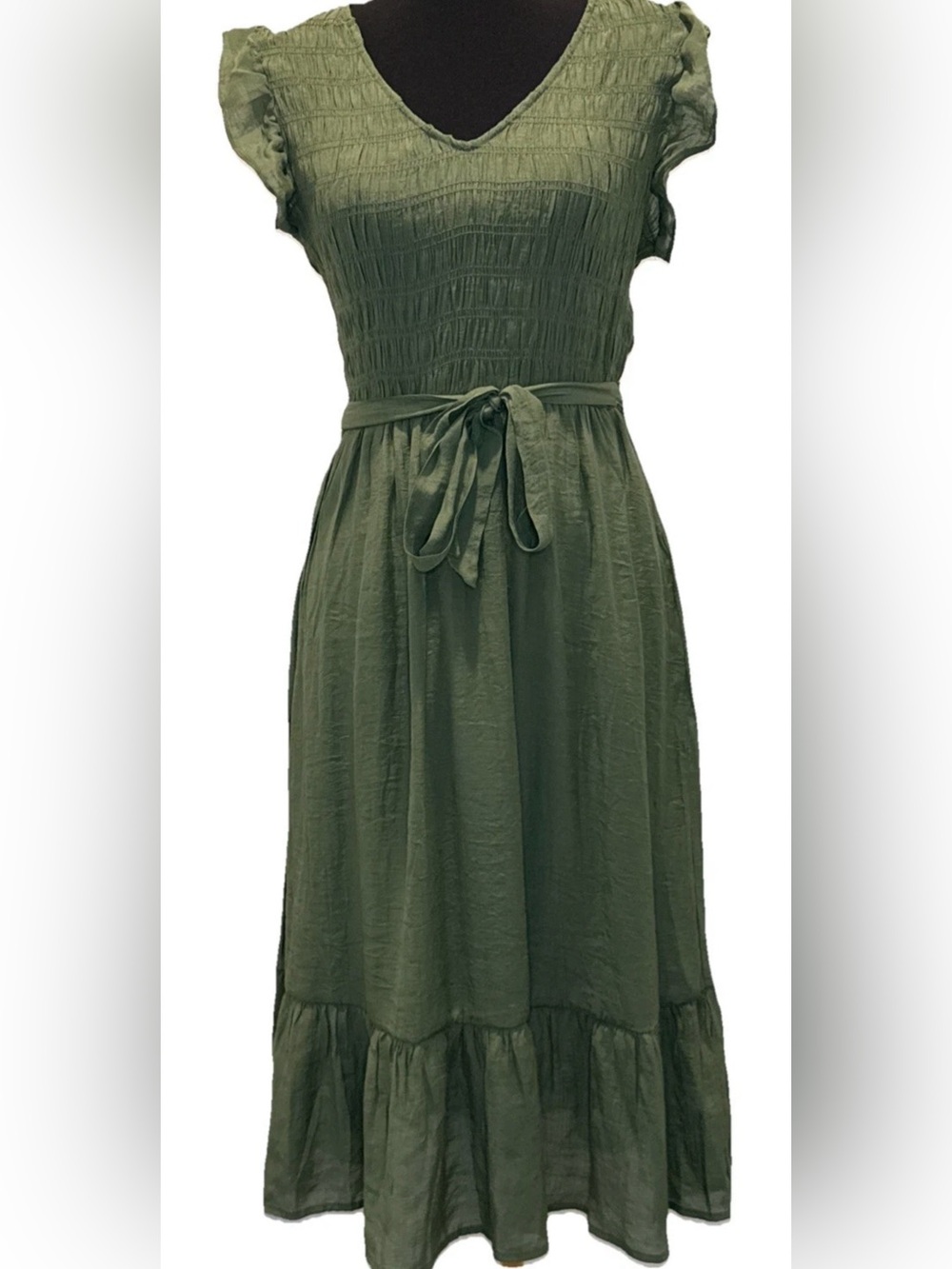 Luxology Women's Green Flutter Sleeve V-Neck Dress, Tie Waist, Size Medium, NWT